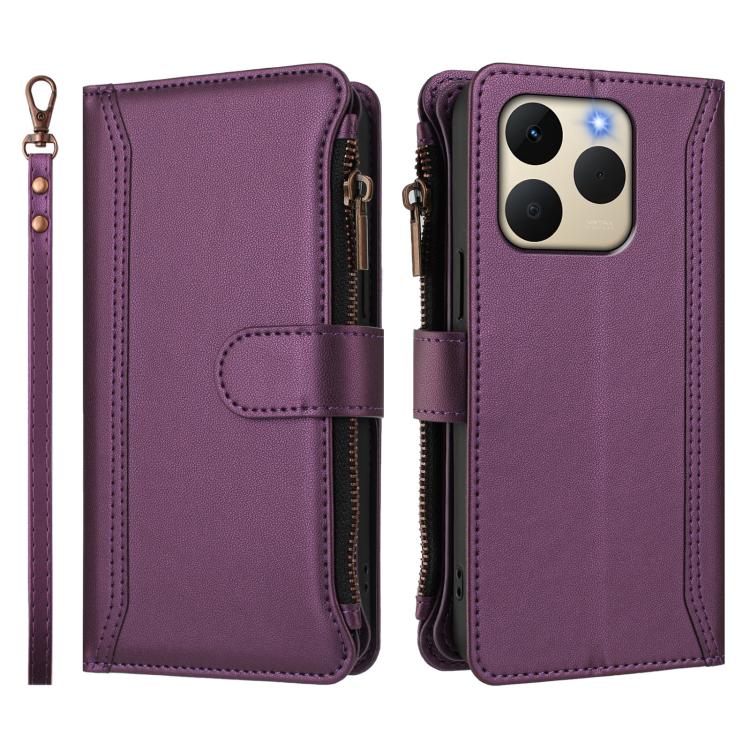 For Realme 15T 5G Global Magnetic Closure 9 Card Slots Zipper Leather Case with Hand Strap