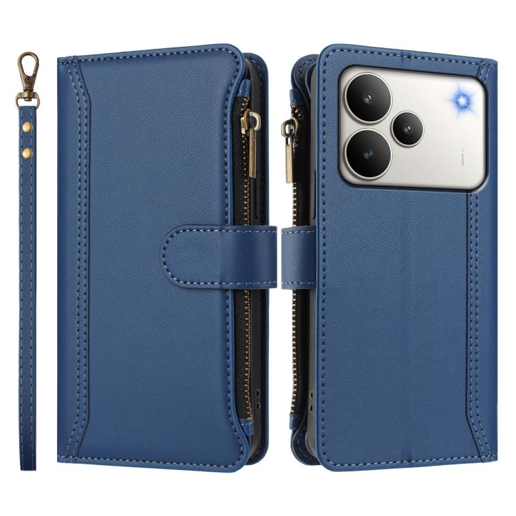 For Realme P4 5G Magnetic Closure 9 Card Slots Zipper Leather Case with Hand Strap