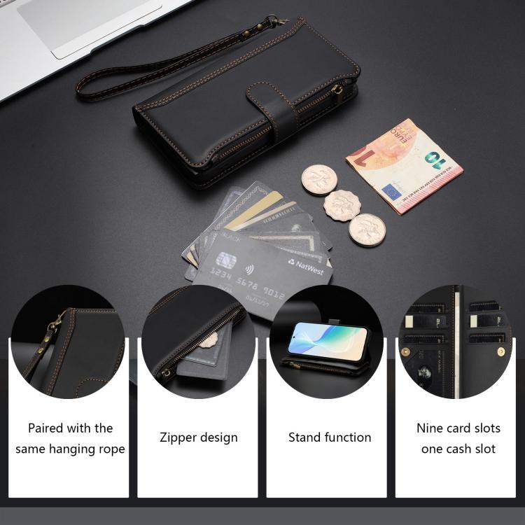 For Realme P4 5G Magnetic Closure 9 Card Slots Zipper Leather Case with Hand Strap