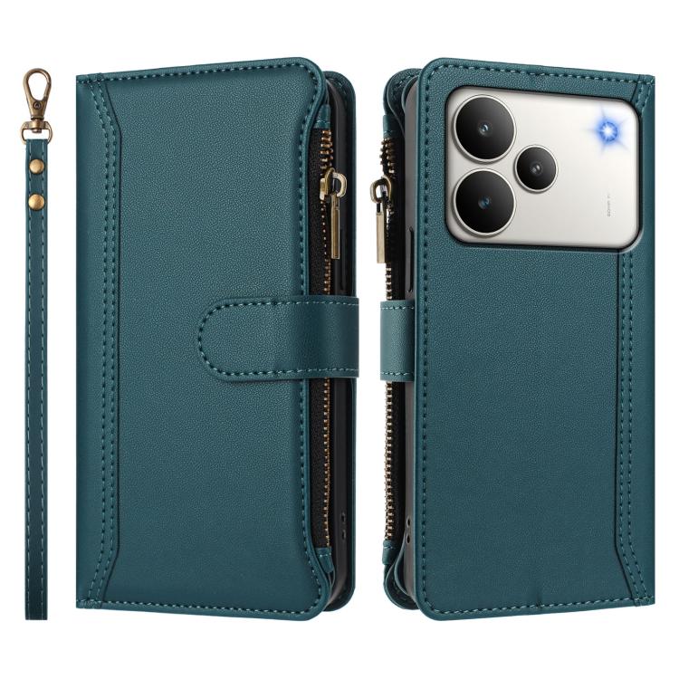 For Realme P4 5G Magnetic Closure 9 Card Slots Zipper Leather Case with Hand Strap