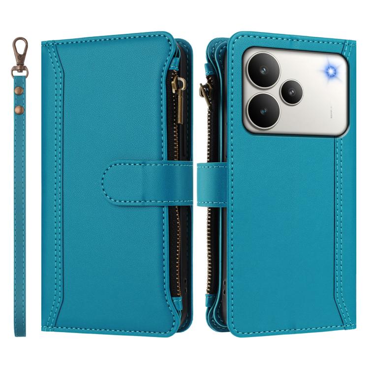 For Realme P4 5G Magnetic Closure 9 Card Slots Zipper Leather Case with Hand Strap