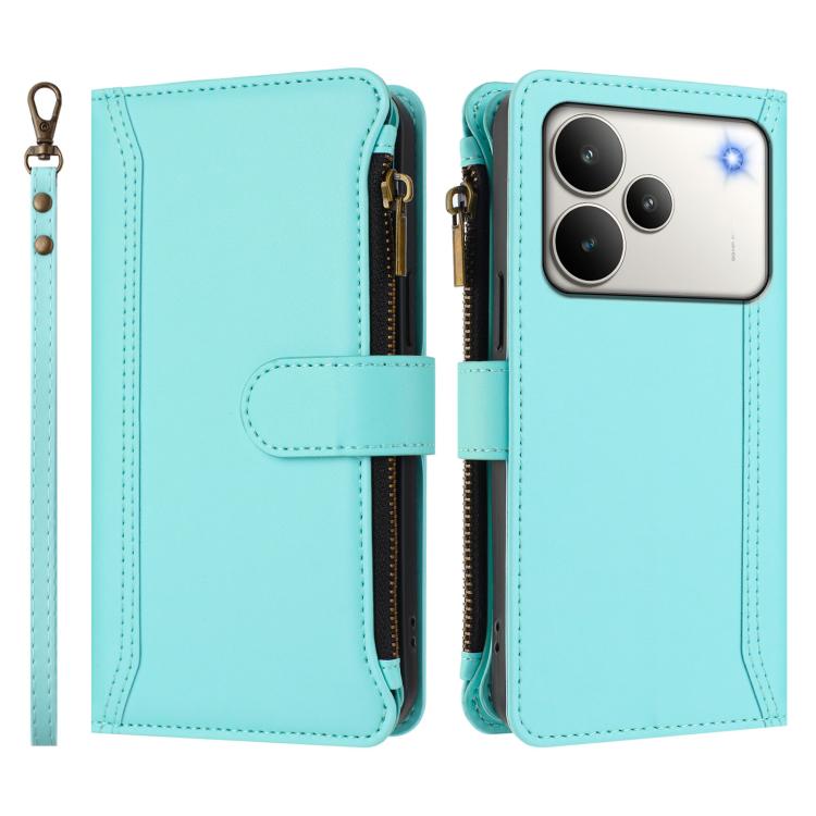 For Realme P4 5G Magnetic Closure 9 Card Slots Zipper Leather Case with Hand Strap