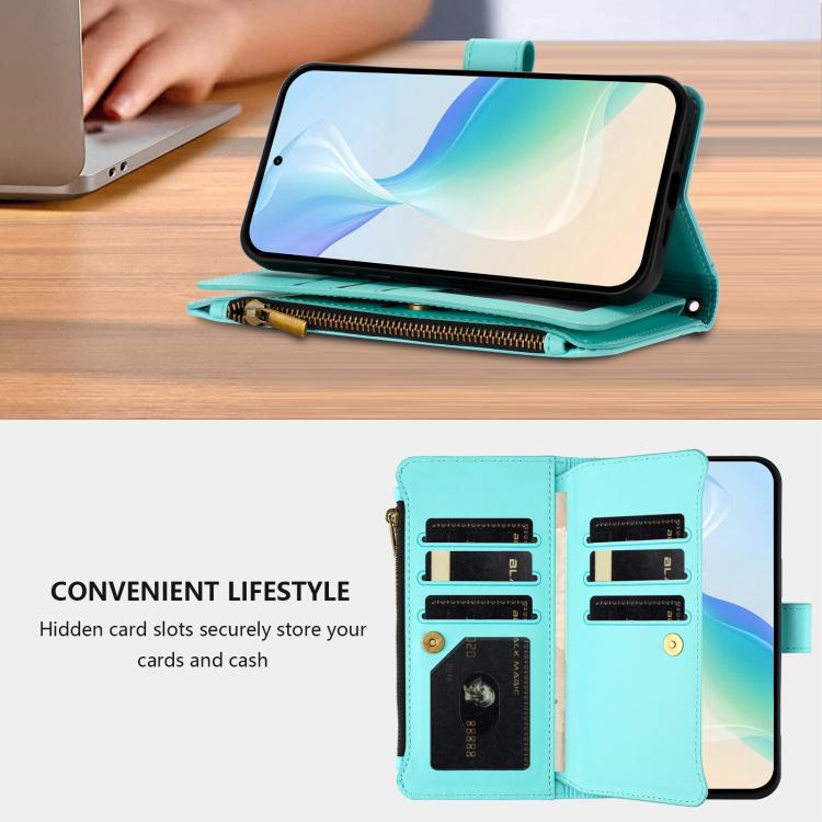 For Realme P4 5G Magnetic Closure 9 Card Slots Zipper Leather Case with Hand Strap
