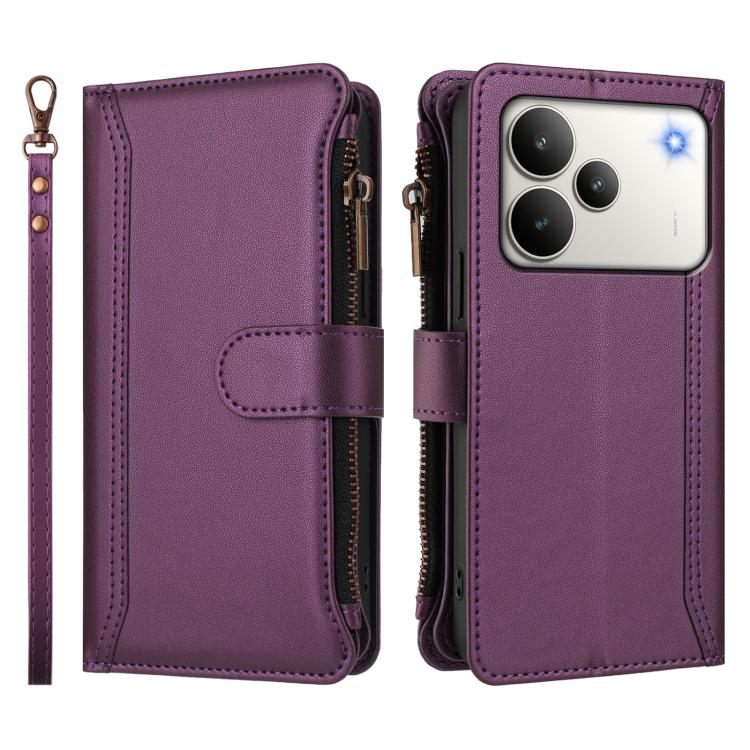 For Realme P4 5G Magnetic Closure 9 Card Slots Zipper Leather Case with Hand Strap