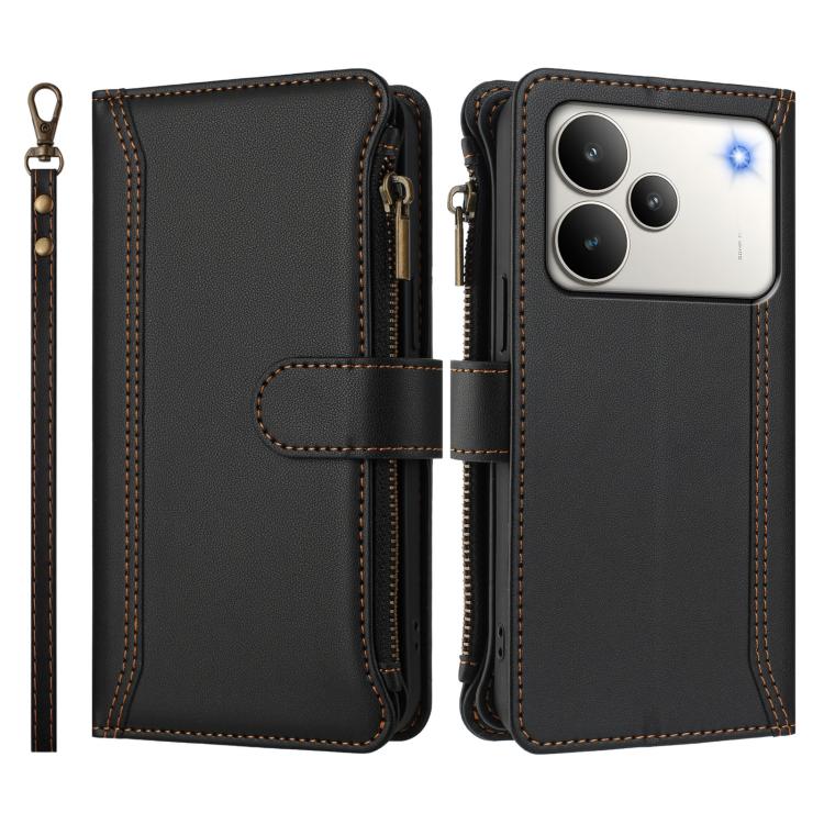 For Realme P4 Pro 5G Magnetic Closure 9 Card Slots Zipper Leather Case with Hand Strap