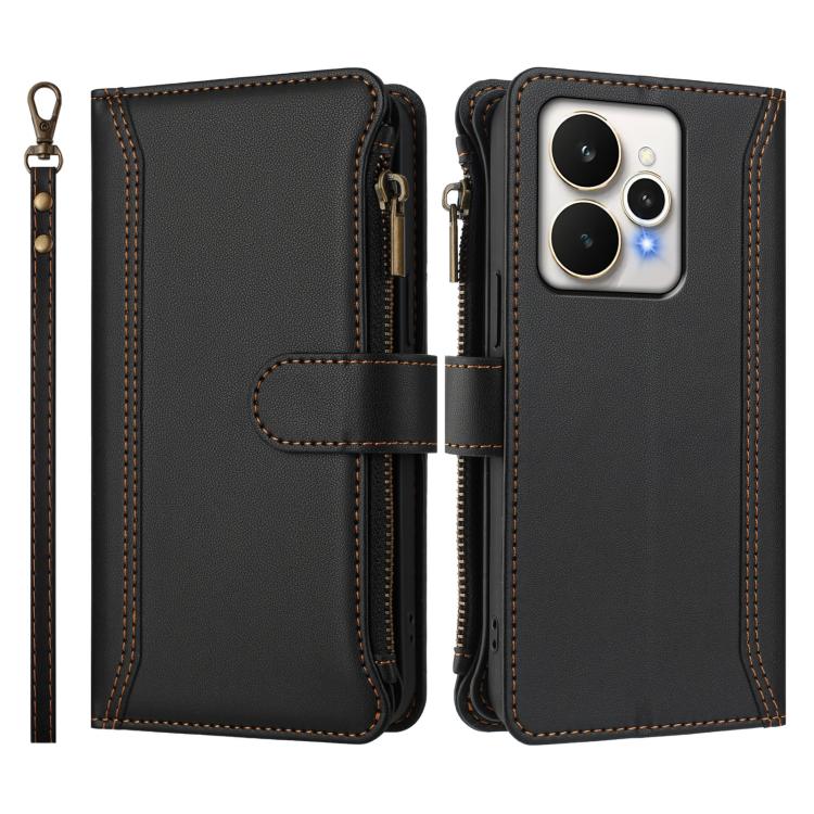 For Realme 15 / 15 Pro 5G Global Magnetic Closure 9 Card Slots Zipper Leather Case with Hand Strap