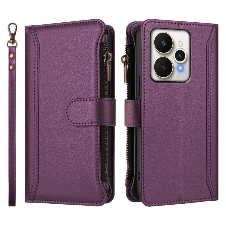 For Realme 15 / 15 Pro 5G Global Magnetic Closure 9 Card Slots Zipper Leather Case with Hand Strap