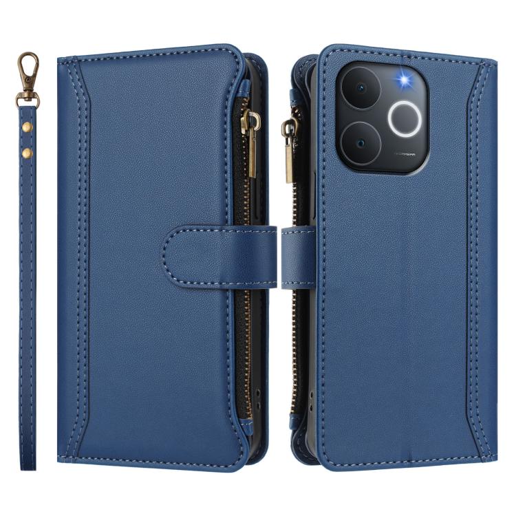 For Realme C71 4G India Magnetic Closure 9 Card Slots Zipper Leather Case with Hand Strap
