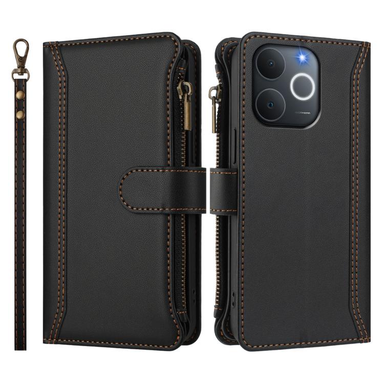 For Realme C71 4G India Magnetic Closure 9 Card Slots Zipper Leather Case with Hand Strap