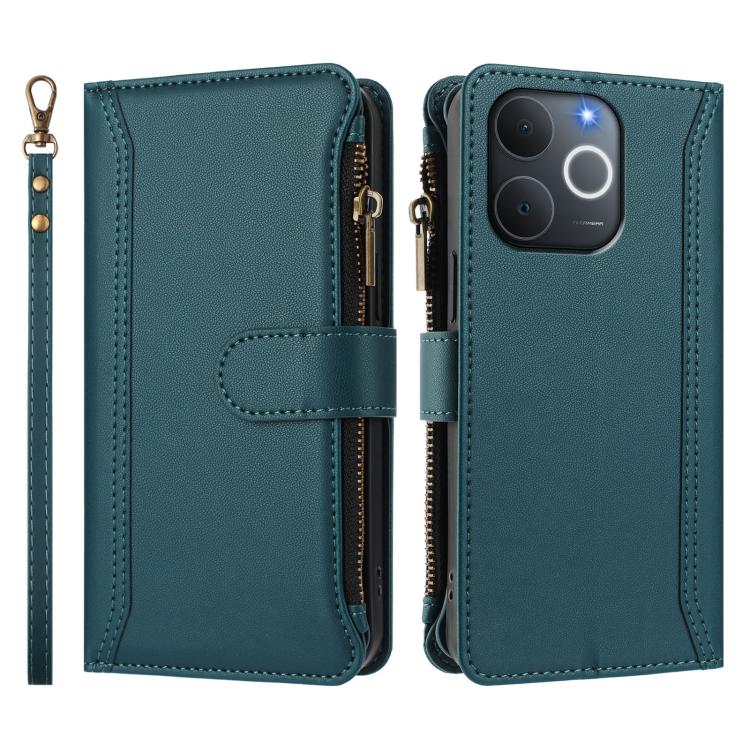For Realme C71 4G India Magnetic Closure 9 Card Slots Zipper Leather Case with Hand Strap