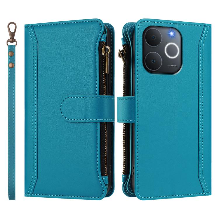 For Realme C71 4G India Magnetic Closure 9 Card Slots Zipper Leather Case with Hand Strap
