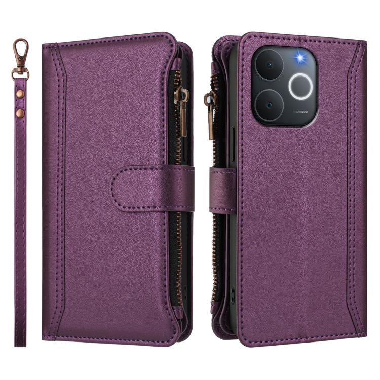 For Realme C71 4G India Magnetic Closure 9 Card Slots Zipper Leather Case with Hand Strap
