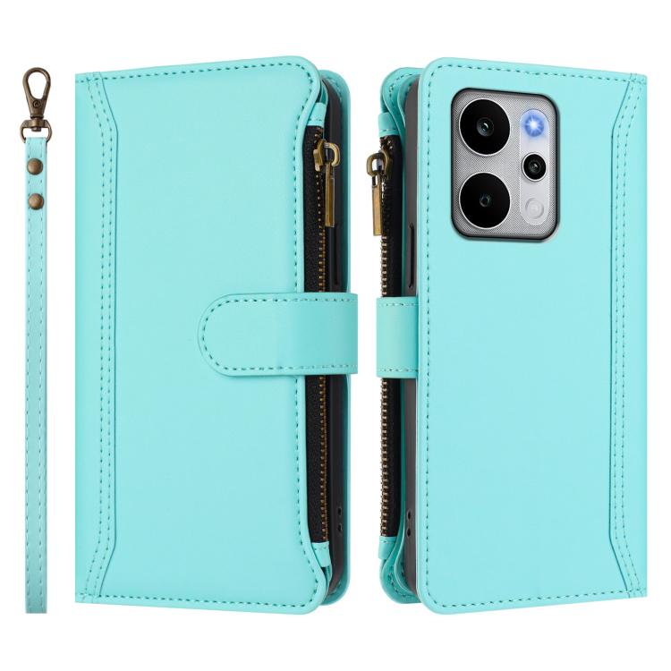 For Realme P4 Power 5G Magnetic Closure 9 Card Slots Zipper Leather Case with Hand Strap