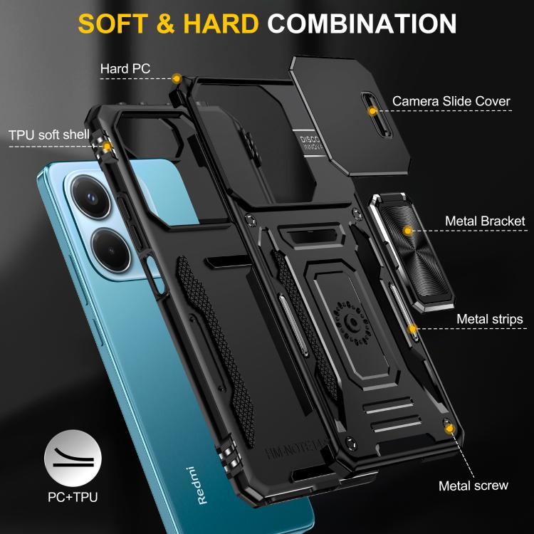 For Redmi Note 14 5G / 4G  163.25mm Armor PC Hybrid TPU Camera Shield Phone Case