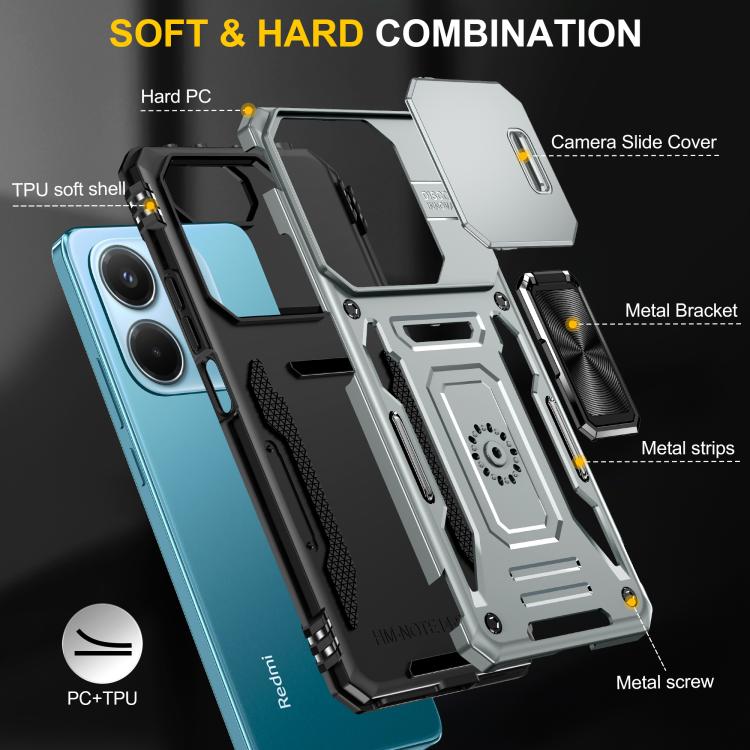For Redmi Note 14 5G / 4G  163.25mm Armor PC Hybrid TPU Camera Shield Phone Case