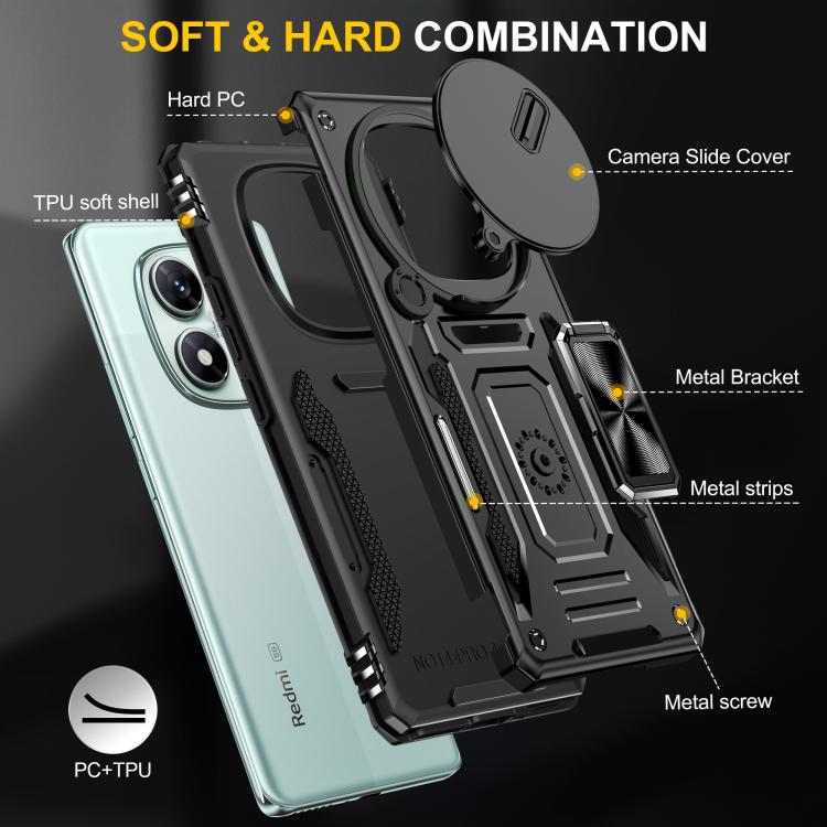 For Redmi Note 14 Pro 5G / 4G Armor PC Hybrid TPU Camera Shield Phone Case