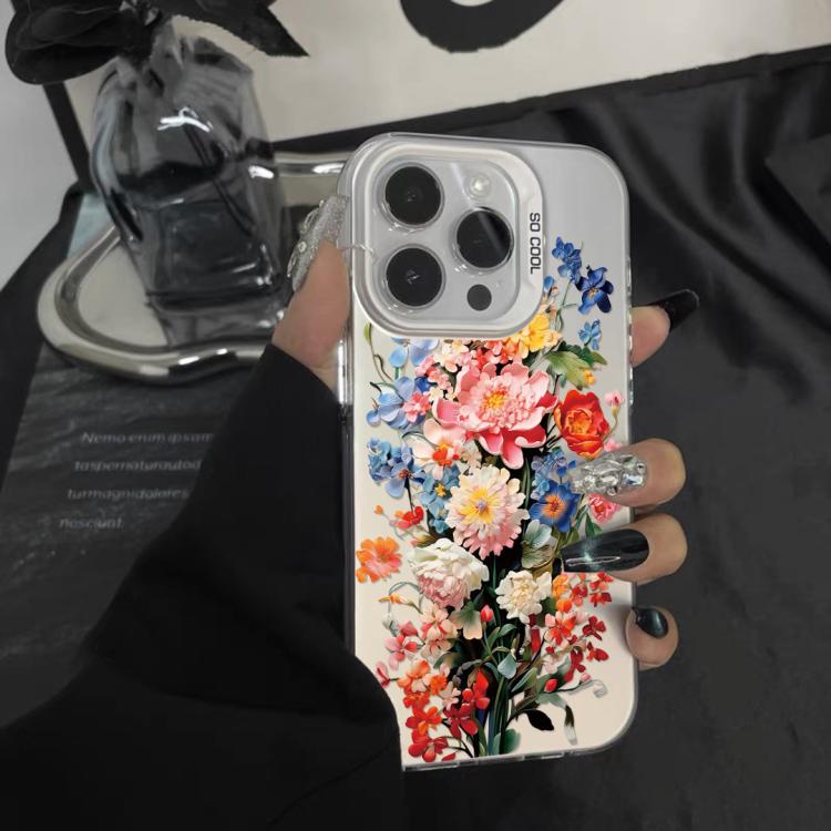 For iPhone 15 Pro Flower Series Color Silver TPU Hybrid PC Phone Case