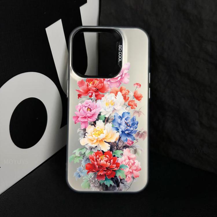 For iPhone 15 Flower Series Color Silver TPU Hybrid PC Phone Case