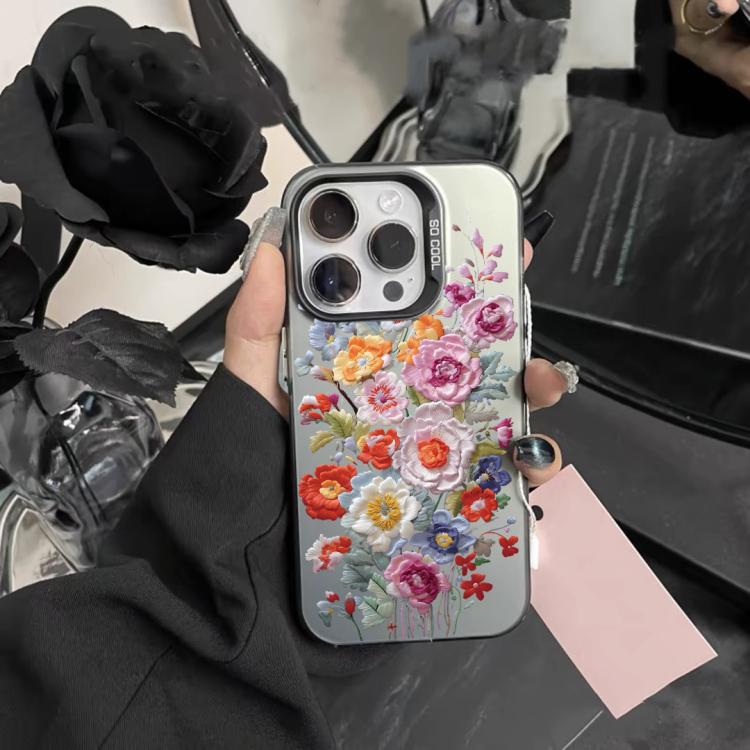 For iPhone 15 Flower Series Color Silver TPU Hybrid PC Phone Case