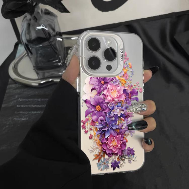 For iPhone 15 Flower Series Color Silver TPU Hybrid PC Phone Case