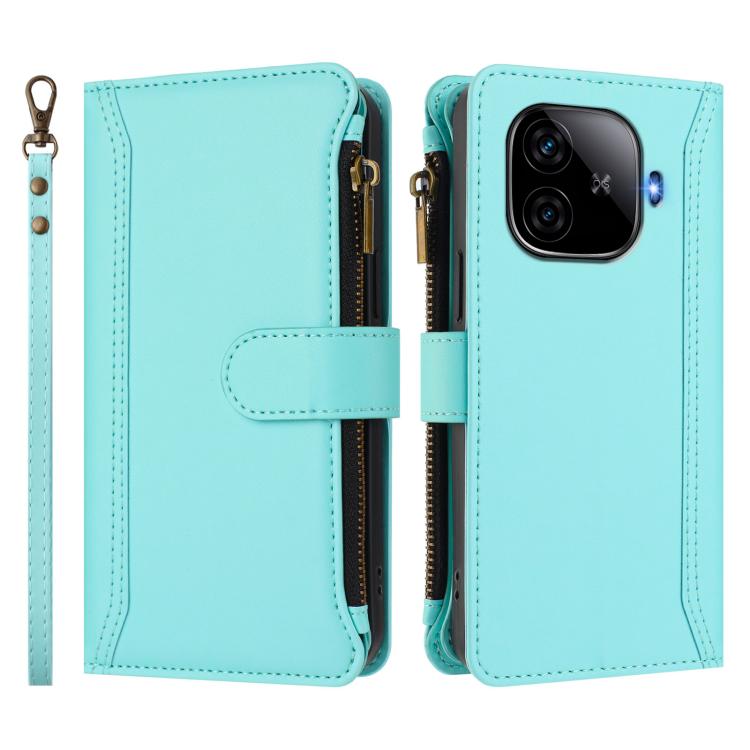 For vivo iQOO Z9 5G / Z9 Turbo 5G Magnetic Closure 9 Card Slots Zipper Leather Case with Hand Strap