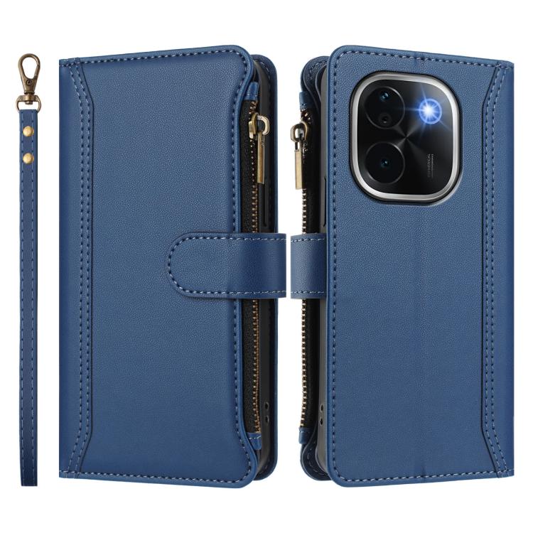 For vivo iQOO Z9s Pro 5G India Magnetic Closure 9 Card Slots Zipper Leather Case with Hand Strap