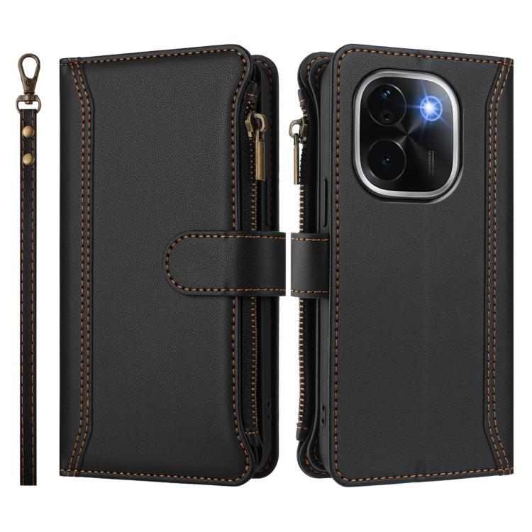 For vivo iQOO Z9s Pro 5G India Magnetic Closure 9 Card Slots Zipper Leather Case with Hand Strap