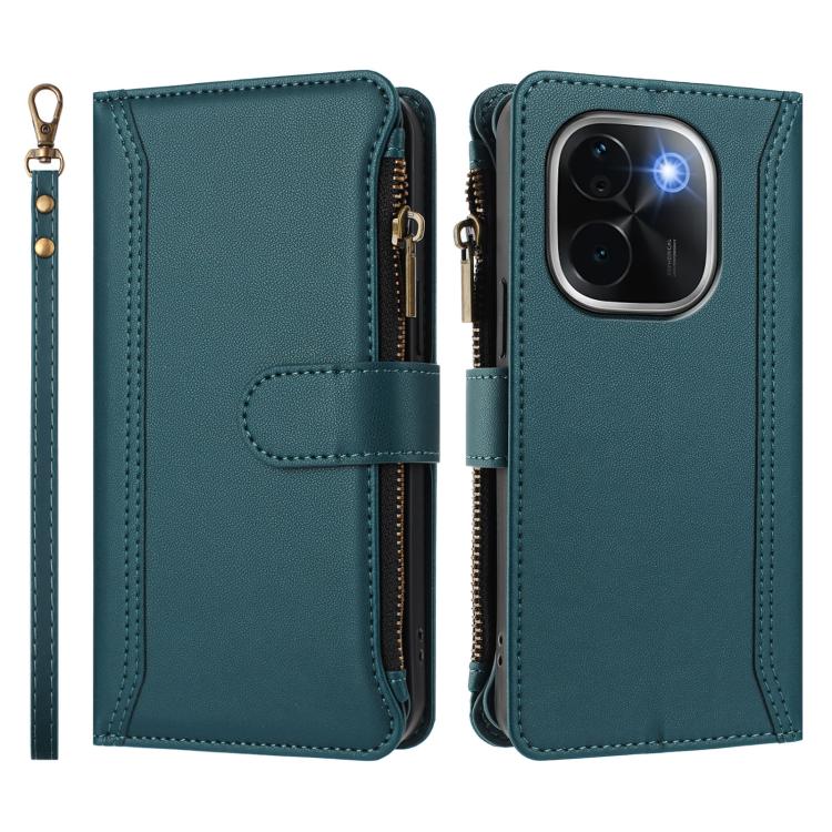 For vivo iQOO Z9s Pro 5G India Magnetic Closure 9 Card Slots Zipper Leather Case with Hand Strap