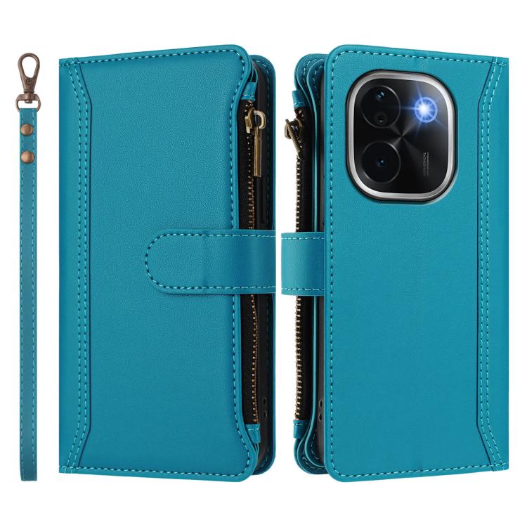 For vivo iQOO Z9s Pro 5G India Magnetic Closure 9 Card Slots Zipper Leather Case with Hand Strap