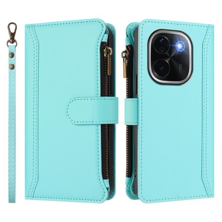 For vivo iQOO Z9s Pro 5G India Magnetic Closure 9 Card Slots Zipper Leather Case with Hand Strap