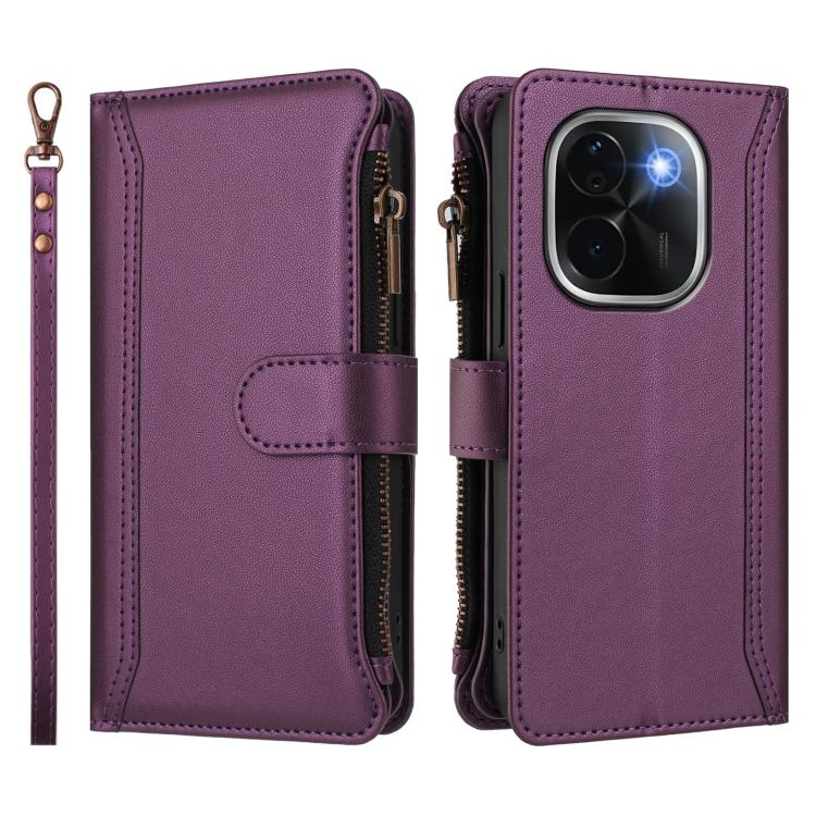 For vivo iQOO Z9s Pro 5G India Magnetic Closure 9 Card Slots Zipper Leather Case with Hand Strap
