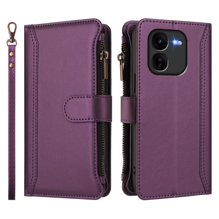For vivo iQOO Z9X Magnetic Closure 9 Card Slots Zipper Leather Case with Hand Strap