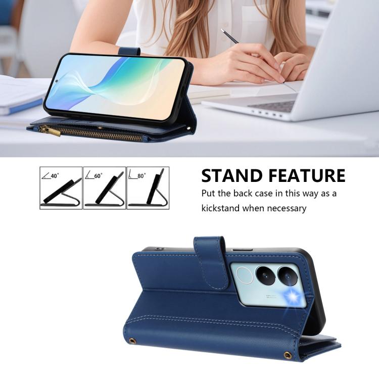 For vivo V29 5G Global Magnetic Closure 9 Card Slots Zipper Leather Case with Hand Strap