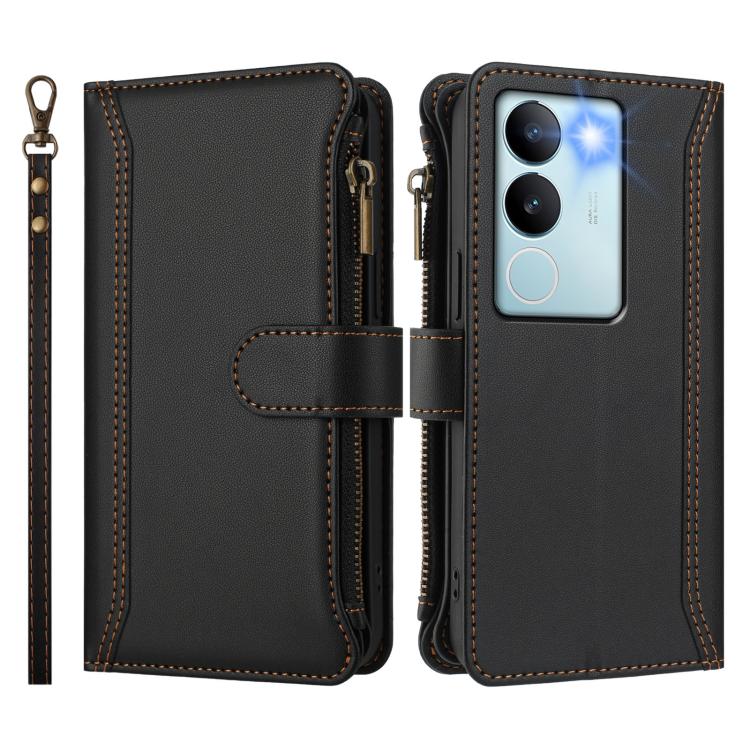 For vivo V29 5G Global Magnetic Closure 9 Card Slots Zipper Leather Case with Hand Strap