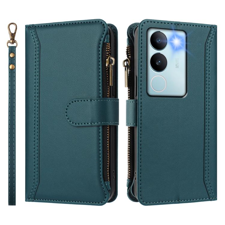 For vivo V29 5G Global Magnetic Closure 9 Card Slots Zipper Leather Case with Hand Strap