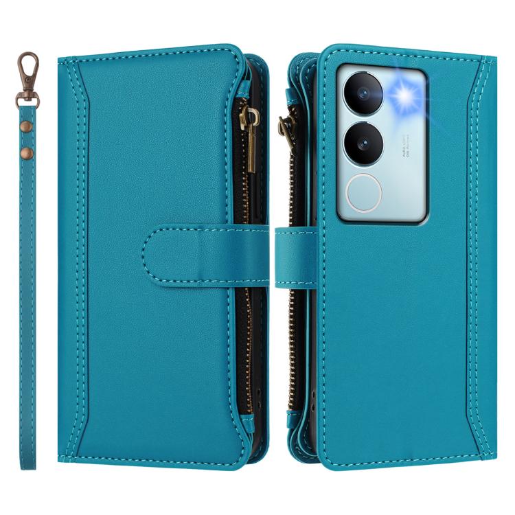 For vivo V29 5G Global Magnetic Closure 9 Card Slots Zipper Leather Case with Hand Strap