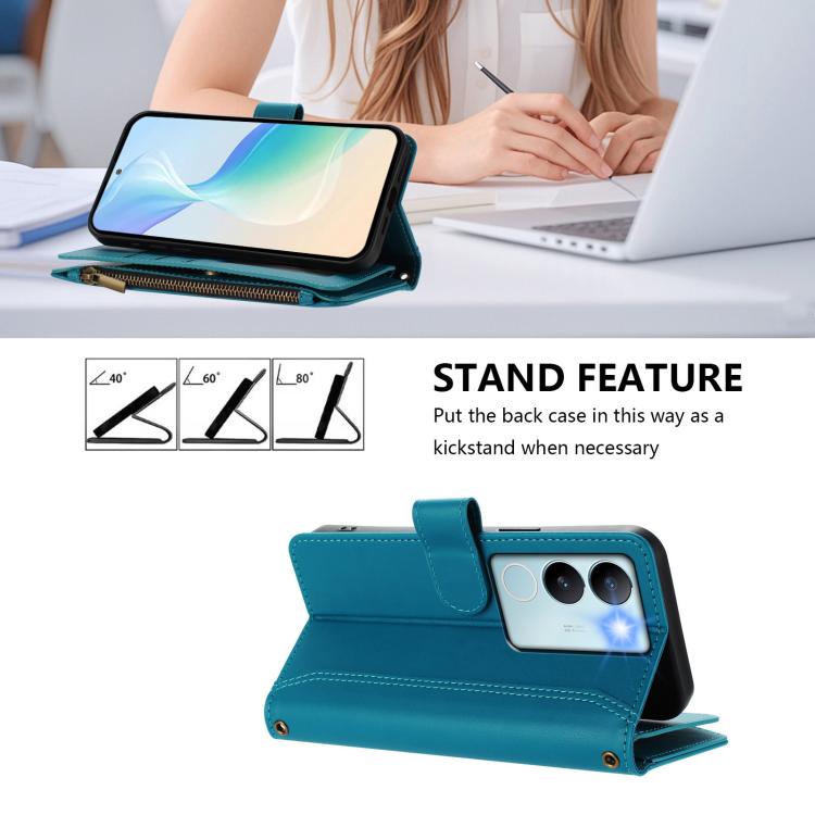 For vivo V29 5G Global Magnetic Closure 9 Card Slots Zipper Leather Case with Hand Strap