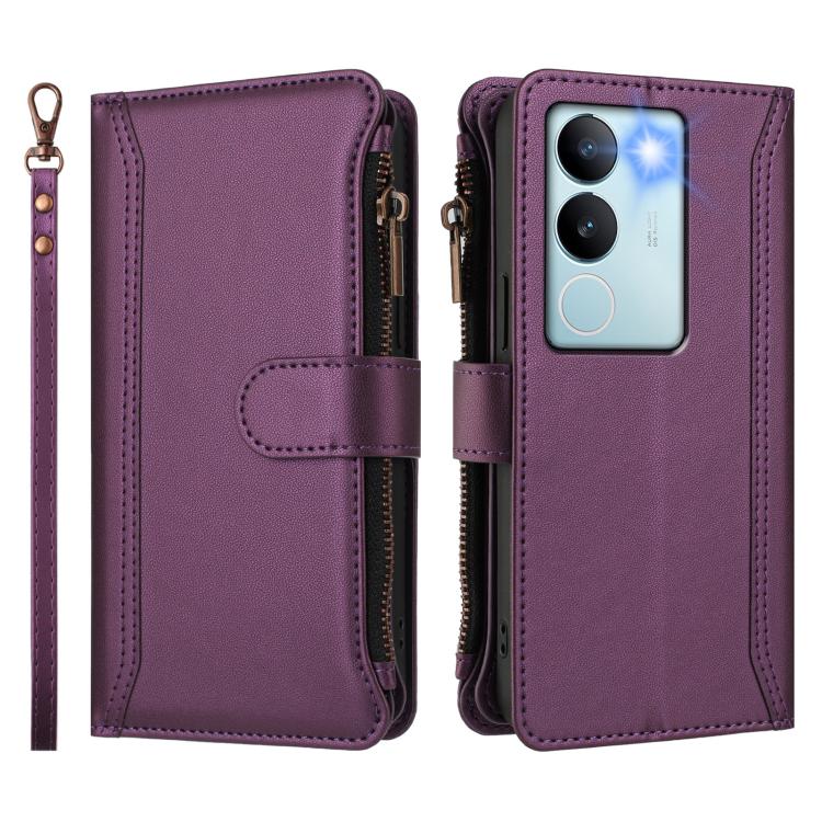 For vivo V29 5G Global Magnetic Closure 9 Card Slots Zipper Leather Case with Hand Strap