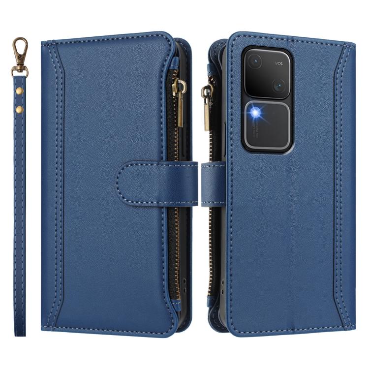 For vivo V30 5G Global Magnetic Closure 9 Card Slots Zipper Leather Case with Hand Strap