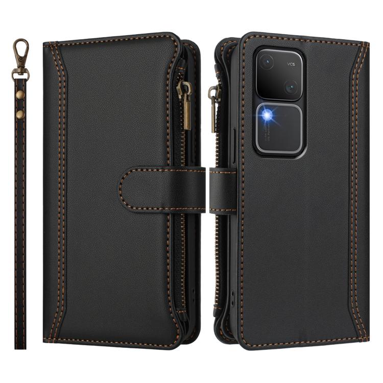 For vivo V30 5G Global Magnetic Closure 9 Card Slots Zipper Leather Case with Hand Strap