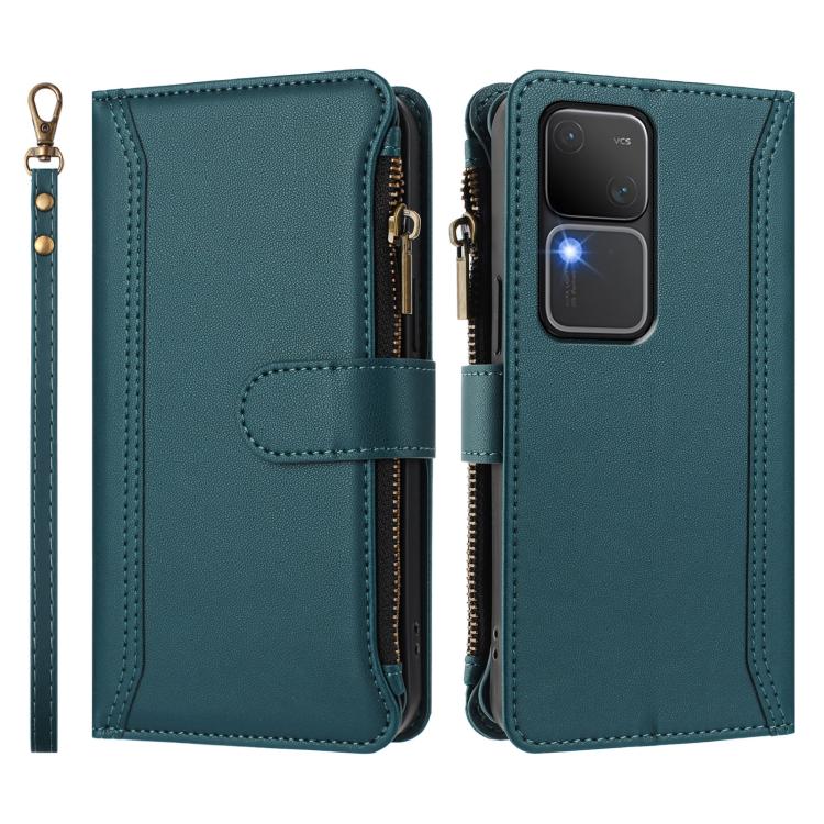 For vivo V30 5G Global Magnetic Closure 9 Card Slots Zipper Leather Case with Hand Strap