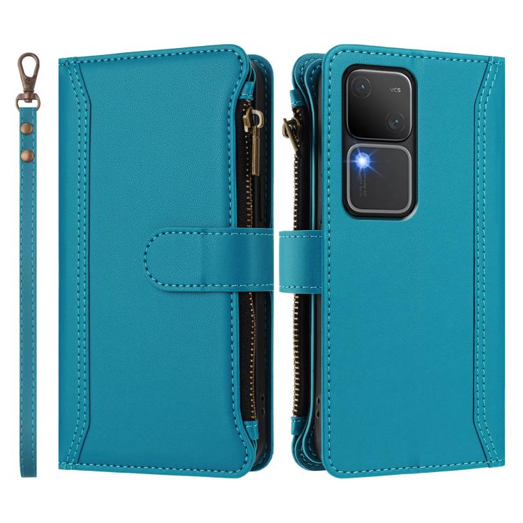 For vivo V30 5G Global Magnetic Closure 9 Card Slots Zipper Leather Case with Hand Strap