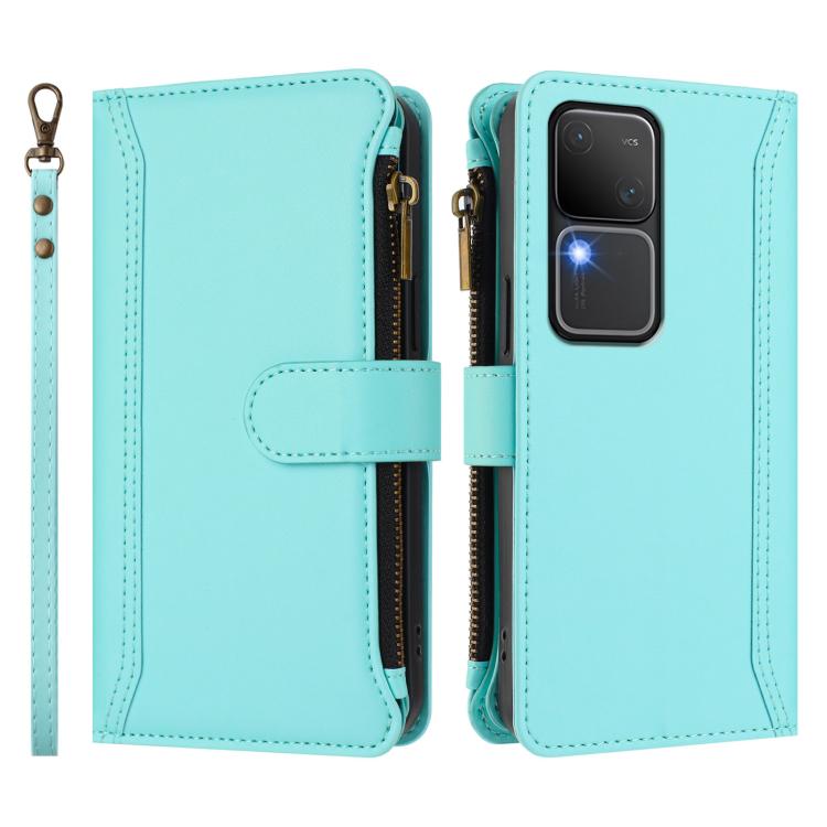 For vivo V30 5G Global Magnetic Closure 9 Card Slots Zipper Leather Case with Hand Strap