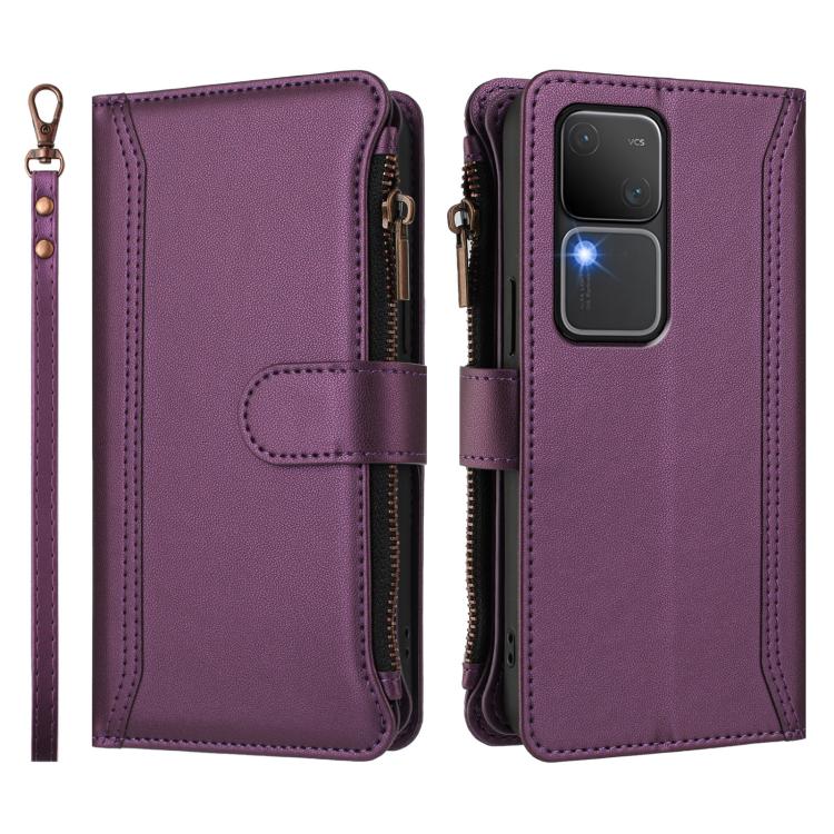 For vivo V30 5G Global Magnetic Closure 9 Card Slots Zipper Leather Case with Hand Strap