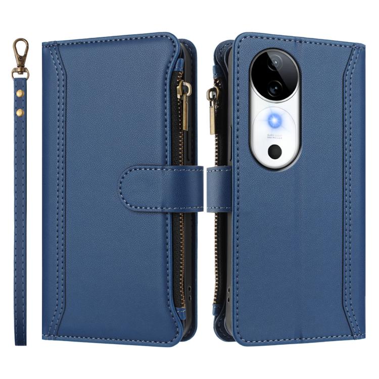 For vivo S19 Magnetic Closure 9 Card Slots Zipper Leather Case with Hand Strap