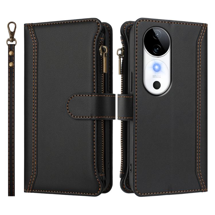 For vivo S19 Magnetic Closure 9 Card Slots Zipper Leather Case with Hand Strap