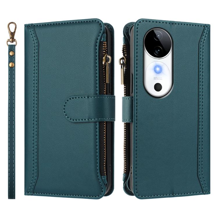 For vivo S19 Magnetic Closure 9 Card Slots Zipper Leather Case with Hand Strap