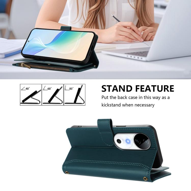 For vivo S19 Magnetic Closure 9 Card Slots Zipper Leather Case with Hand Strap