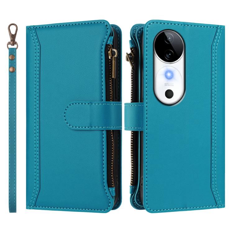 For vivo S19 Magnetic Closure 9 Card Slots Zipper Leather Case with Hand Strap