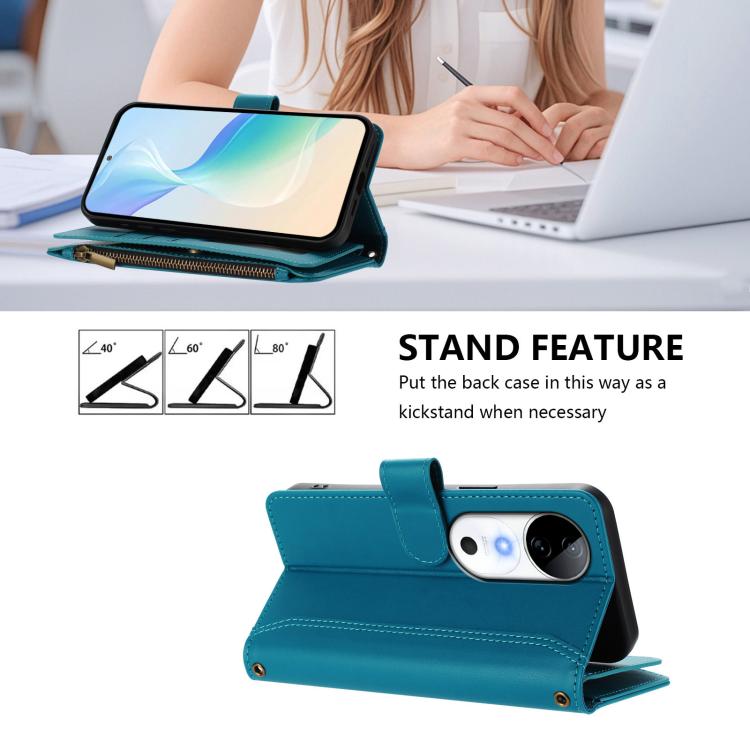 For vivo S19 Magnetic Closure 9 Card Slots Zipper Leather Case with Hand Strap